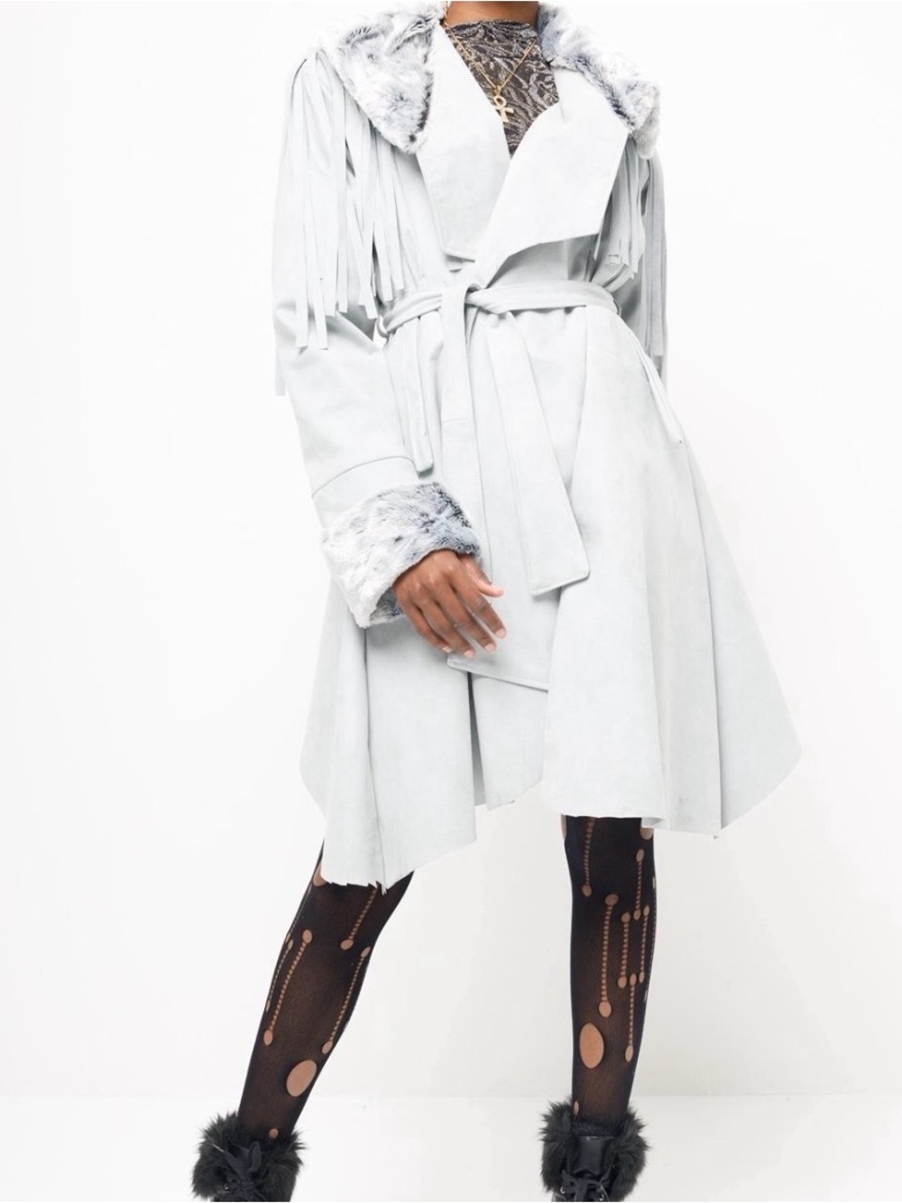 Light blue Faux Fur Trim Suede Trench Coat with Fringe